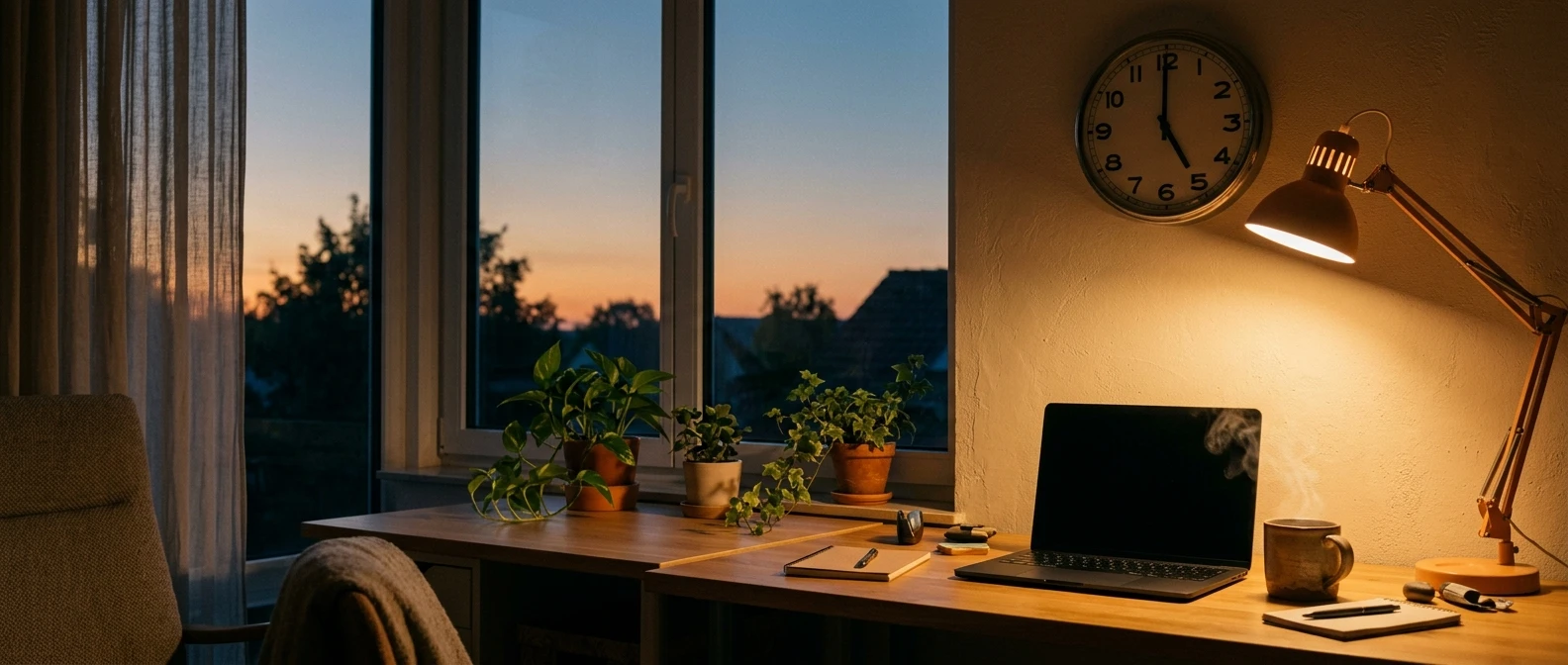A tidy home desk at dusk: a closed laptop next to a steaming mug, warm lamp light spilling across a wall clock reading five o'clock, the window behind showing the soft orange of early evening.