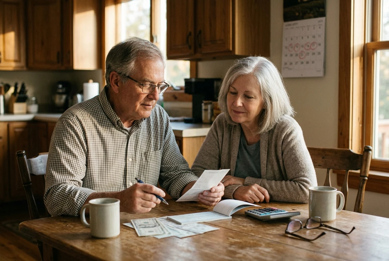 An older couple at a kitchen table in late afternoon light, a checkbook and a few bills spread out beside a calculator, their expressions thoughtful rather than worried, a calendar with retirement dates circled visible on the wall behind them.