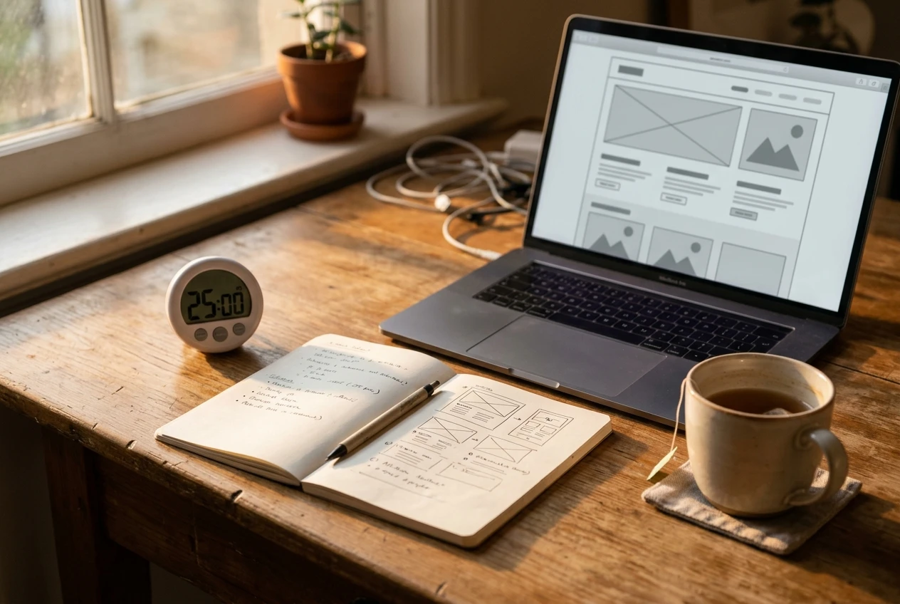 A small kitchen timer set to twenty-five minutes sitting beside an open notebook and a laptop showing a simple webpage draft, evening light through a window, a half-finished cup of tea nearby suggesting a short, focused work session rather than a marathon.